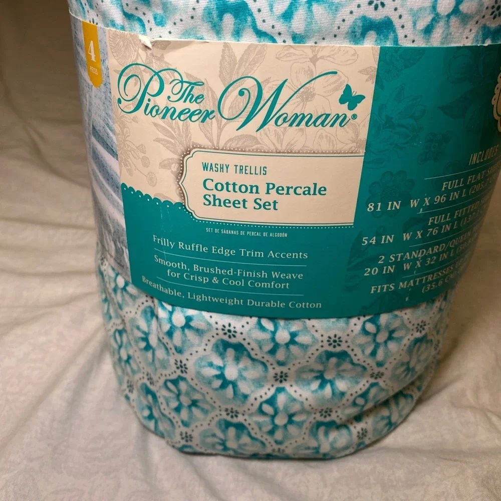 The Pioneer Woman Washy Trellis Cotton Percale Full Sheet Set 4 Pc New